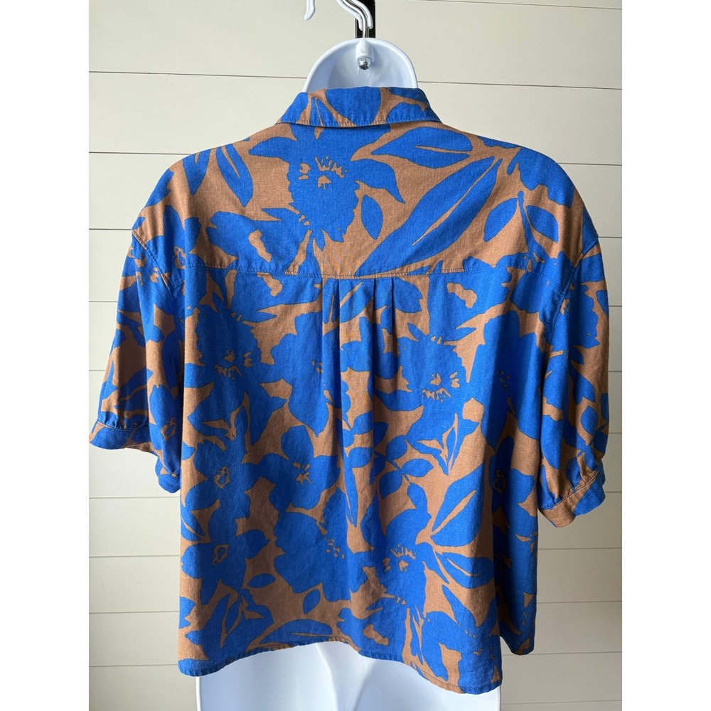 Every Linen Blend Tropical Print Button Up Short Sleeve Shirt Blue Brown Small - Picture 7 of 9